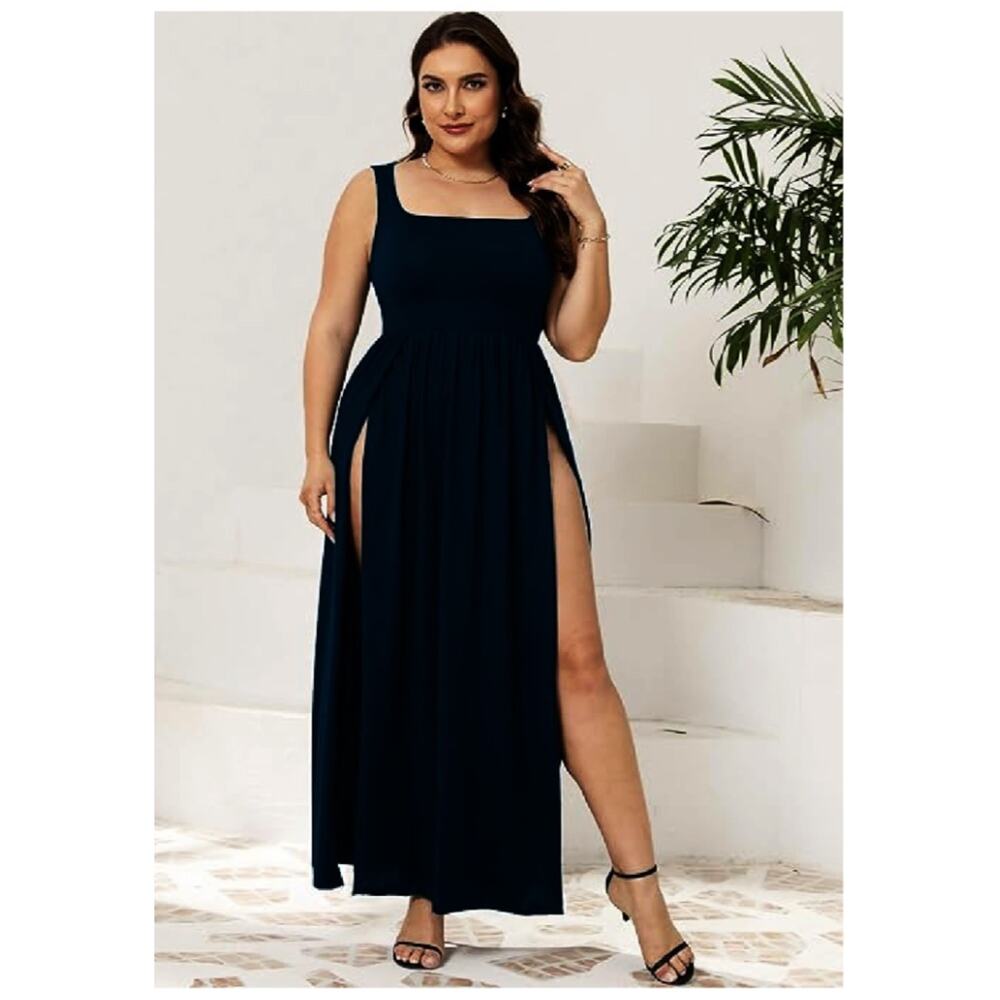 SILUI Women's Square Neck Double High Slit Summer 2025 Sexy Sundresses